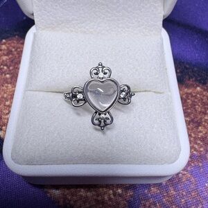 Sterling Silver Heart-Center Cross Ring in Clear/Pinkish tint